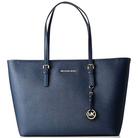 Michael Kors Jet Set Medium Tote Bag Navy Blue Leather 